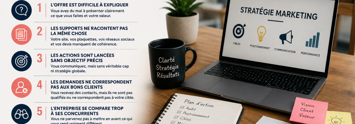 Dirigeant d’entreprise analysant sa stratégie marketing avec des notes et graphiques de communication