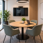 Petite salle de réunion aménagée avec table ronde et quatre fauteuils